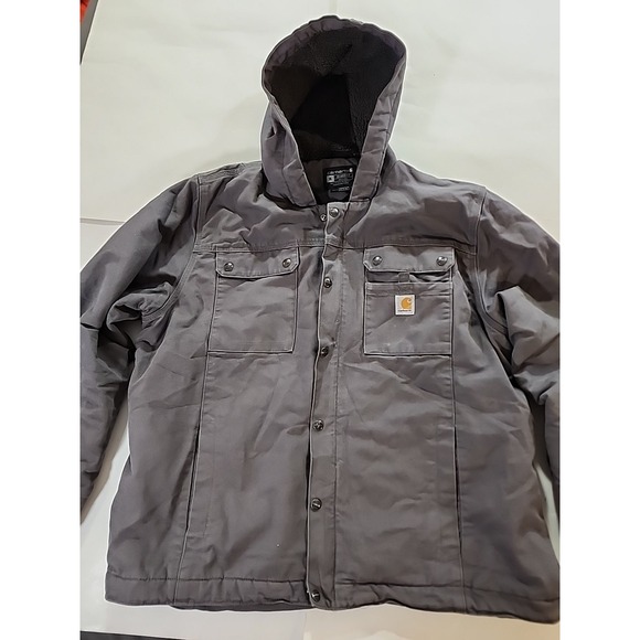 Carhartt Full Zip / button Gray Hooded Jacket DJ3826-M‎ Size XL Sherpa Lined